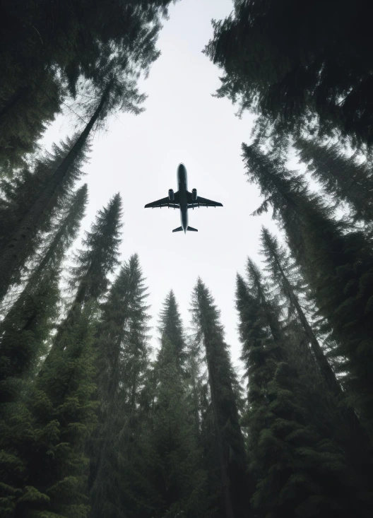 Aircraft flight view from forest