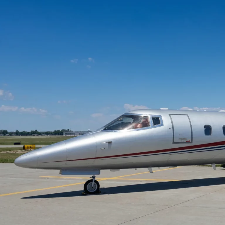 Front view of Learjet 60 nose and cockpit with pilot visible through windshield, silver fuselage with red stripe, parked on airport ramp