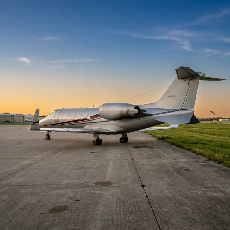 Learjet 60 private jet rear three-quarter exterior view on airport ramp at golden hour sunset, polished silver fuselage with burgundy red stripe