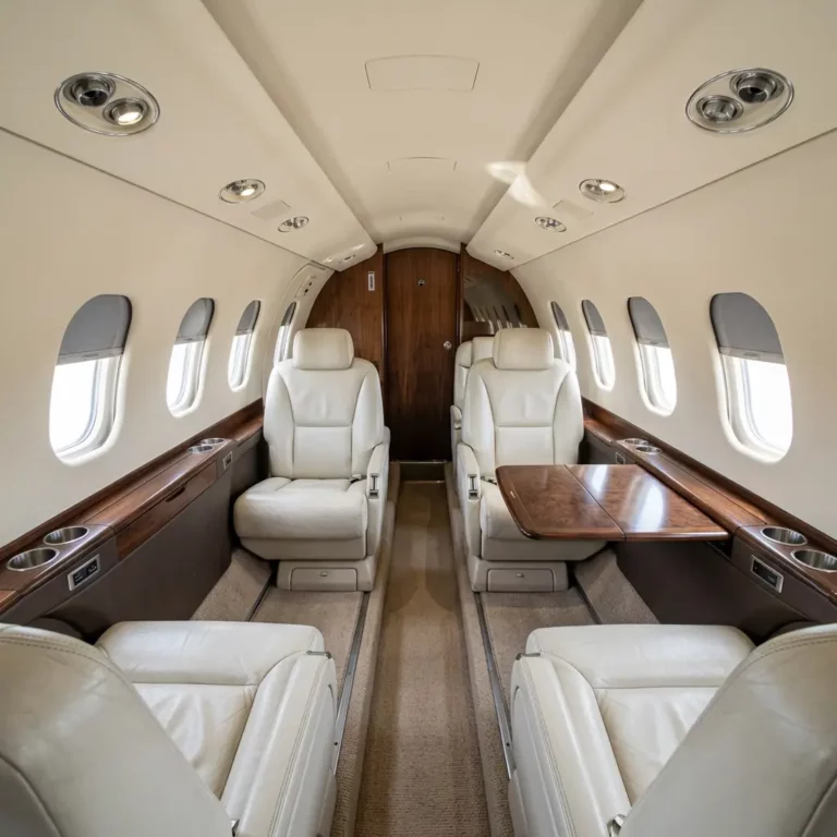 Learjet 60 interior cabin with four cream leather club seats facing each other, dark walnut fold-out table, oval windows with natural daylight, and beige carpet