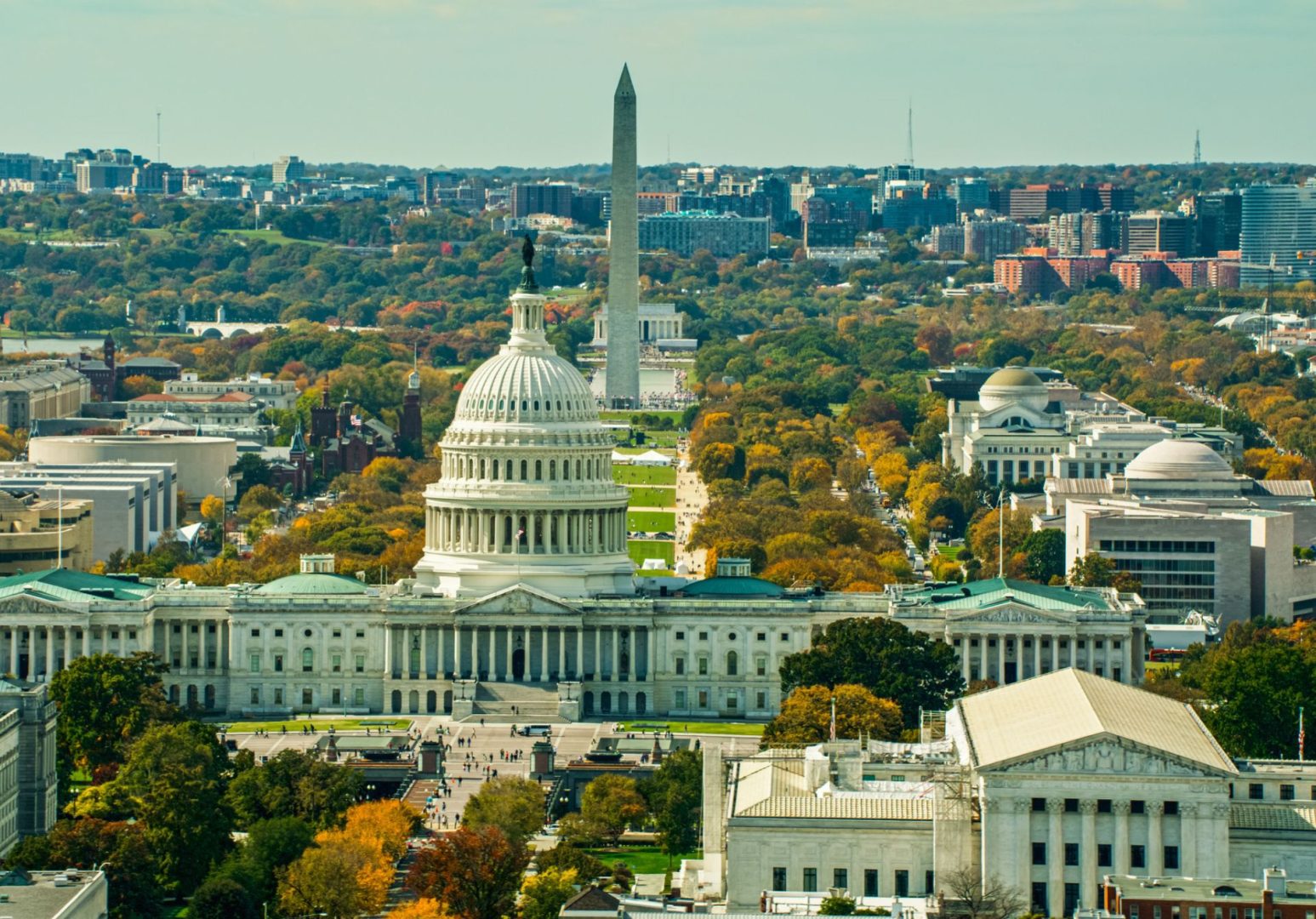 Aerial view of the U.S. Capitol and Washington Monument, Washington, D.C.