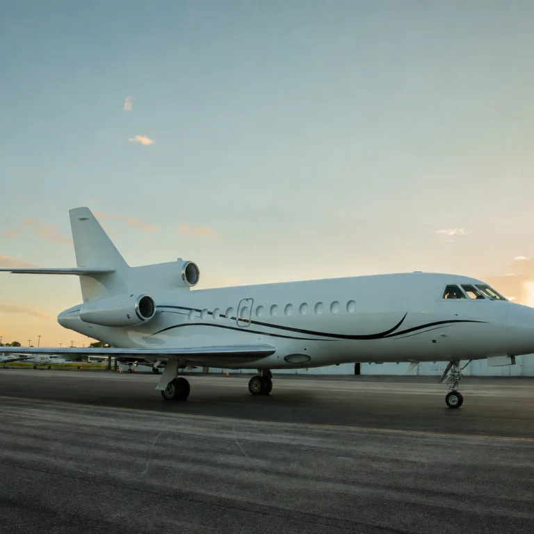 Falcon 900 private jet parked at dusk