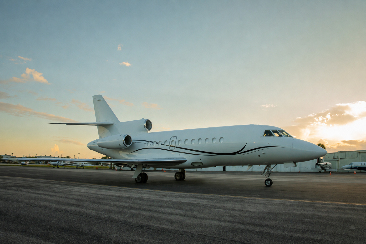 Falcon 900 private jet parked at dusk