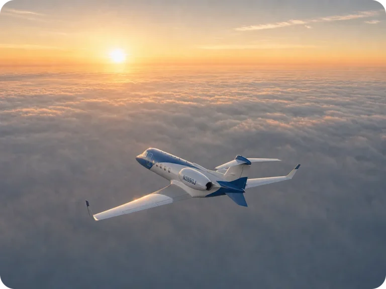 N269GJ Learjet 60 private jet flying above the clouds at sunset